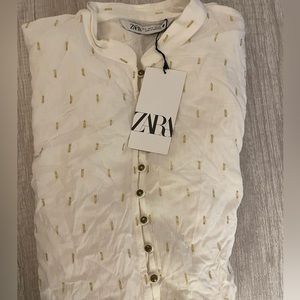Zara White & Gold Metallic Thread Long Sleeve Button Up Mini Dress Size S